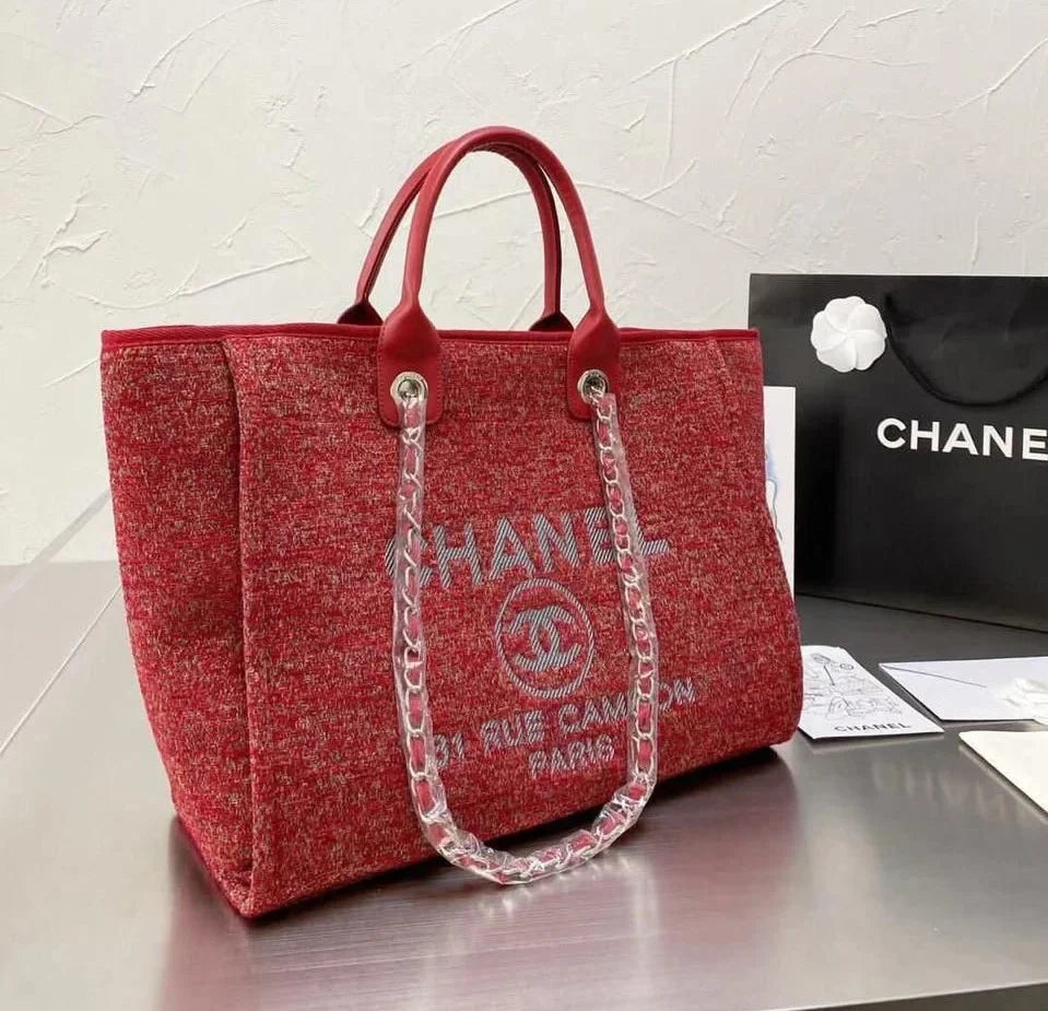 Chanel Deauville Canvas Tote Bag Red