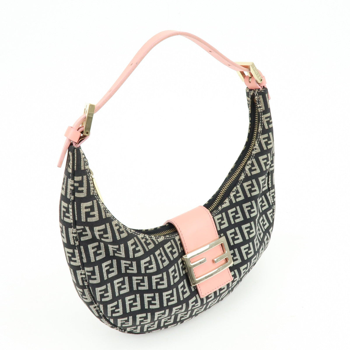 FENDI Zucchino Canvas Leather Shoulder Bag Black Pink 8BR020 Rovelle Bags