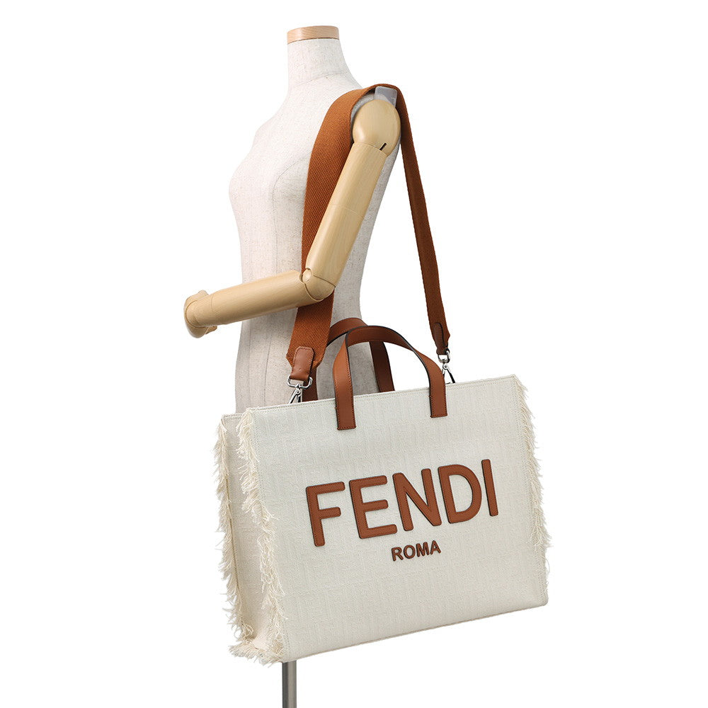 FENDI Logo 2WAY Tote Bag White/Brown7VA591 Canvas Leather Rovelle Bags