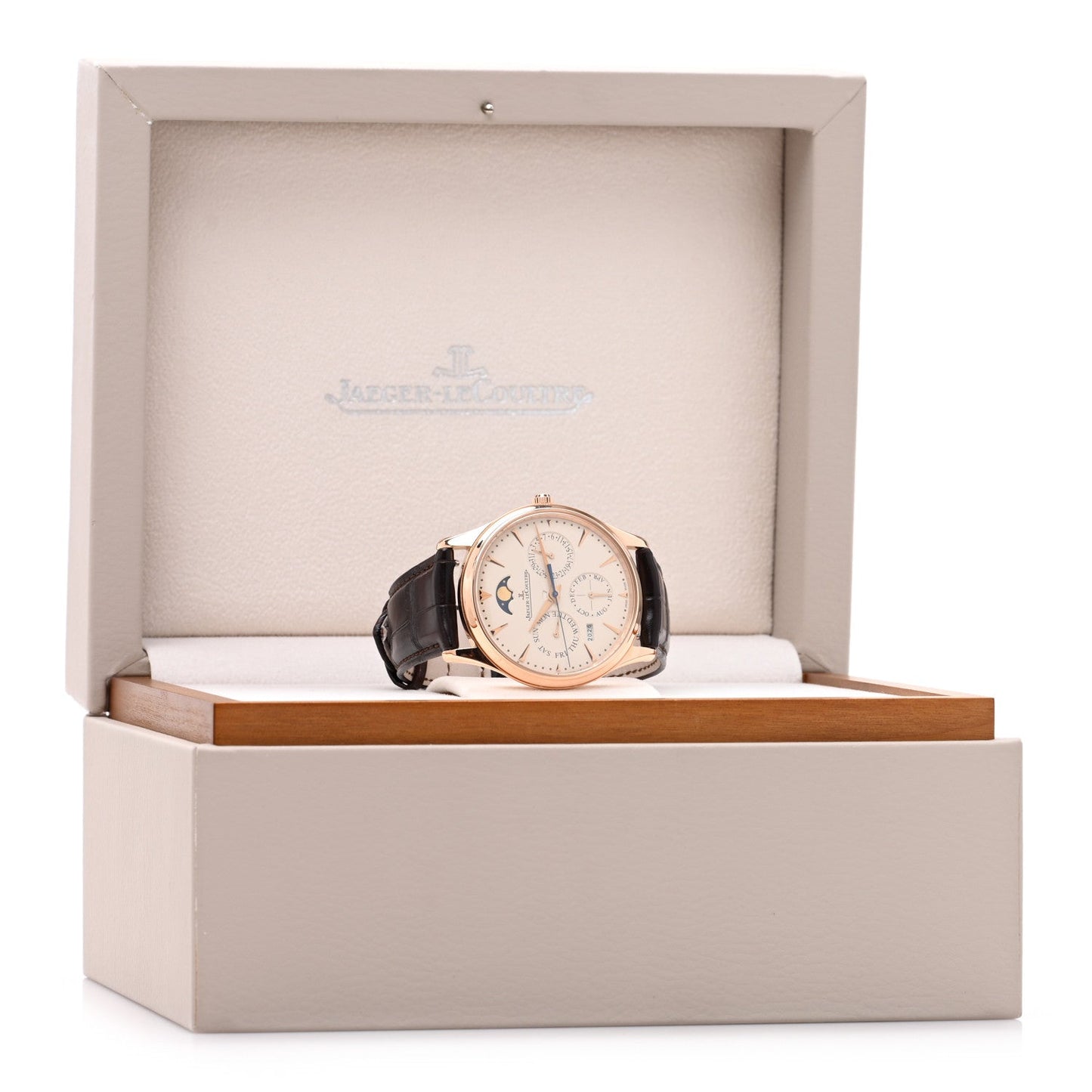 18K Pink Gold Alligator 39mm Master Ultra Thin Perpetual Calendar Automatic Watch Beige Q1303520