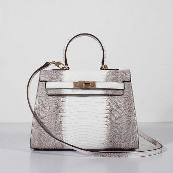 Luxury Hermes Kelly 28Cm Lizard Leather Bag Grey White Gold