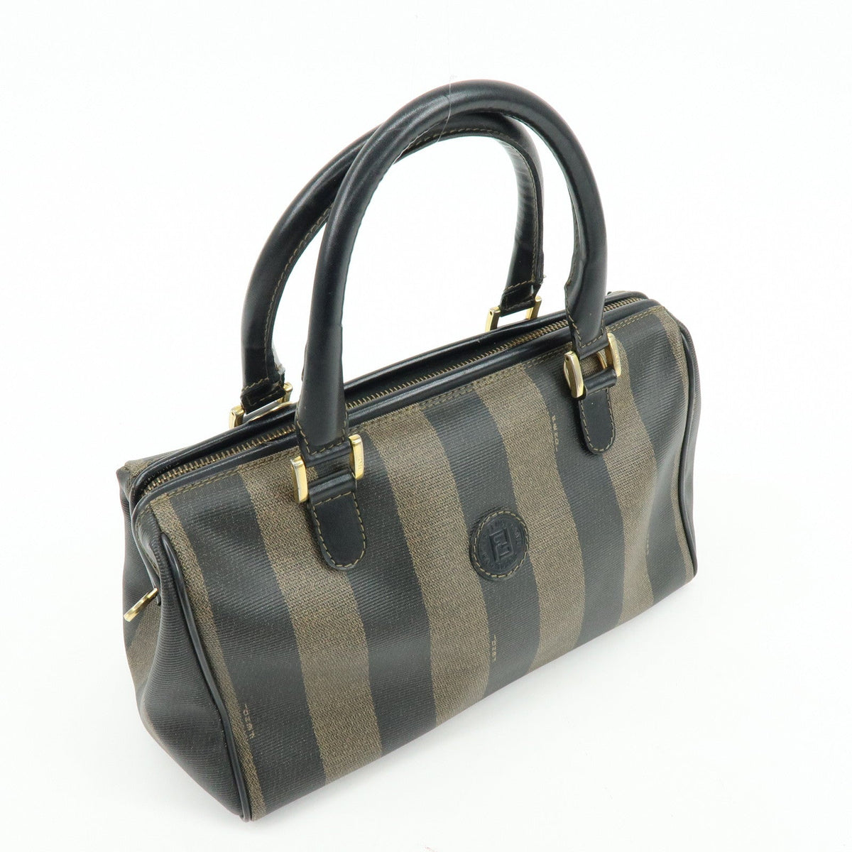 FENDI Pequin PVC Leather Boston Bag Hand Bag Black Brown Rovelle Bags