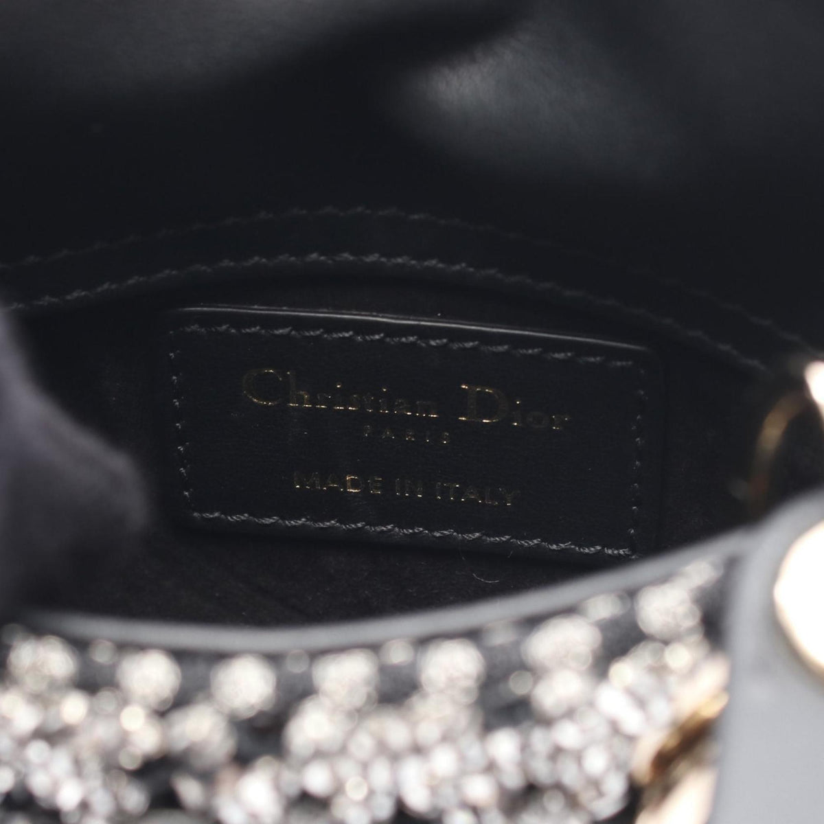 Christian Dior Lady Dior Black Clear Silver Leather Rhinestone Handbag Rovelle Bags