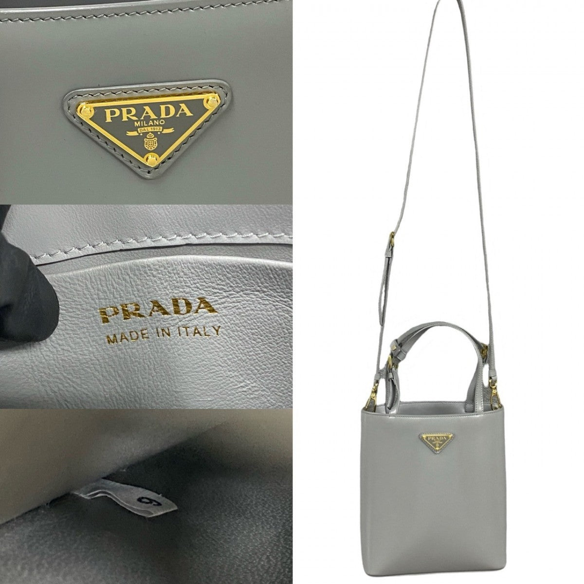 Prada Shoulder Bag Leather Gray Triangle Logo Metal Women Rovelle Bags