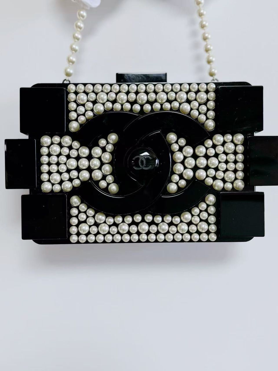 Chanel Runway White Pearl And Black Lego Clutch Rovelle Bags