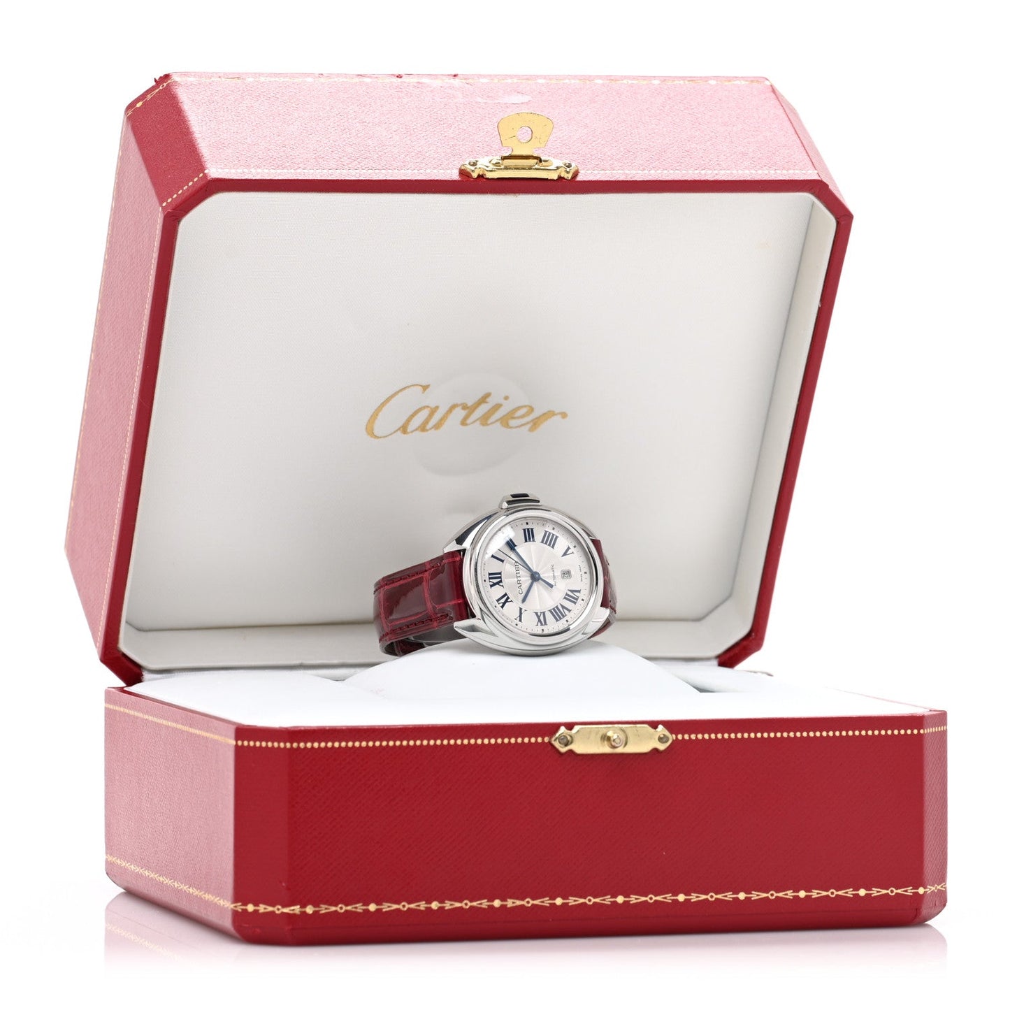 Stainless Steel Alligator 31mm Cle De Cartier Automatic Watch Burgundy