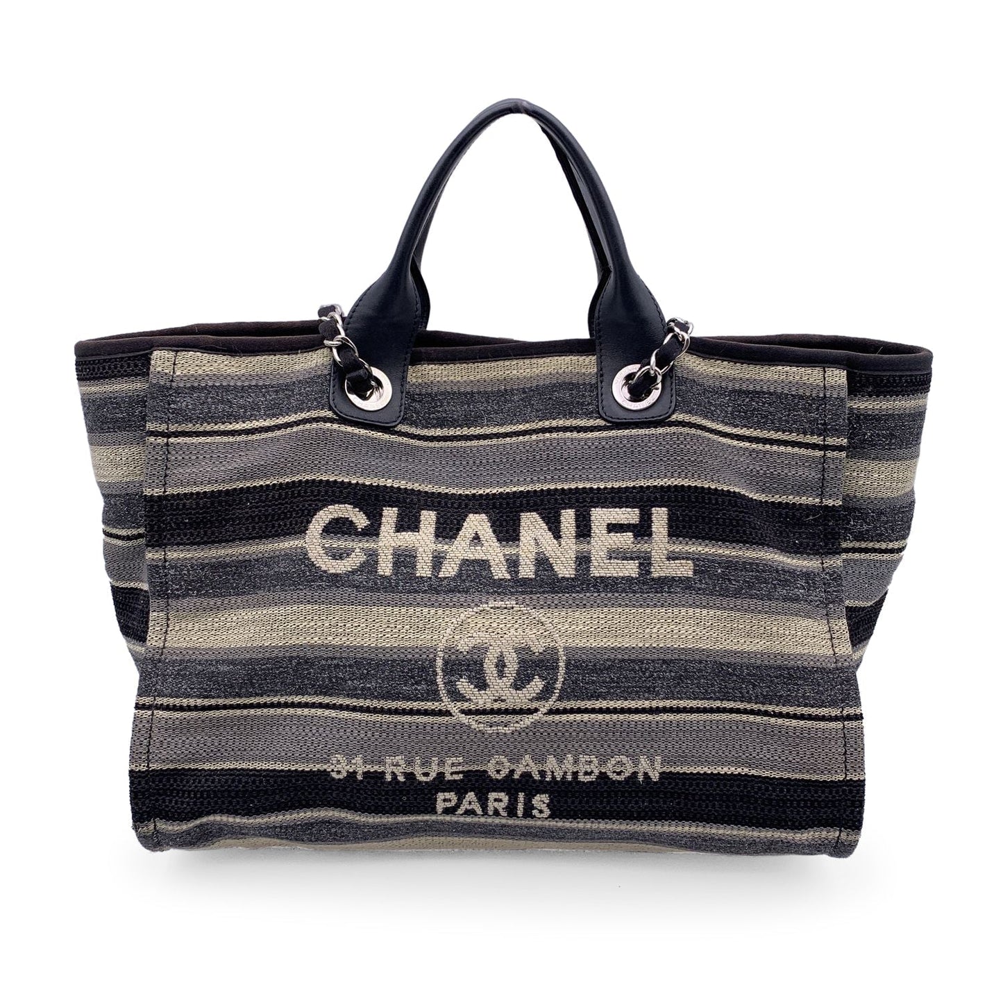 Chanel Black Grey Striped Canvas Medium Deauville Tote Bag Rovelle Bags