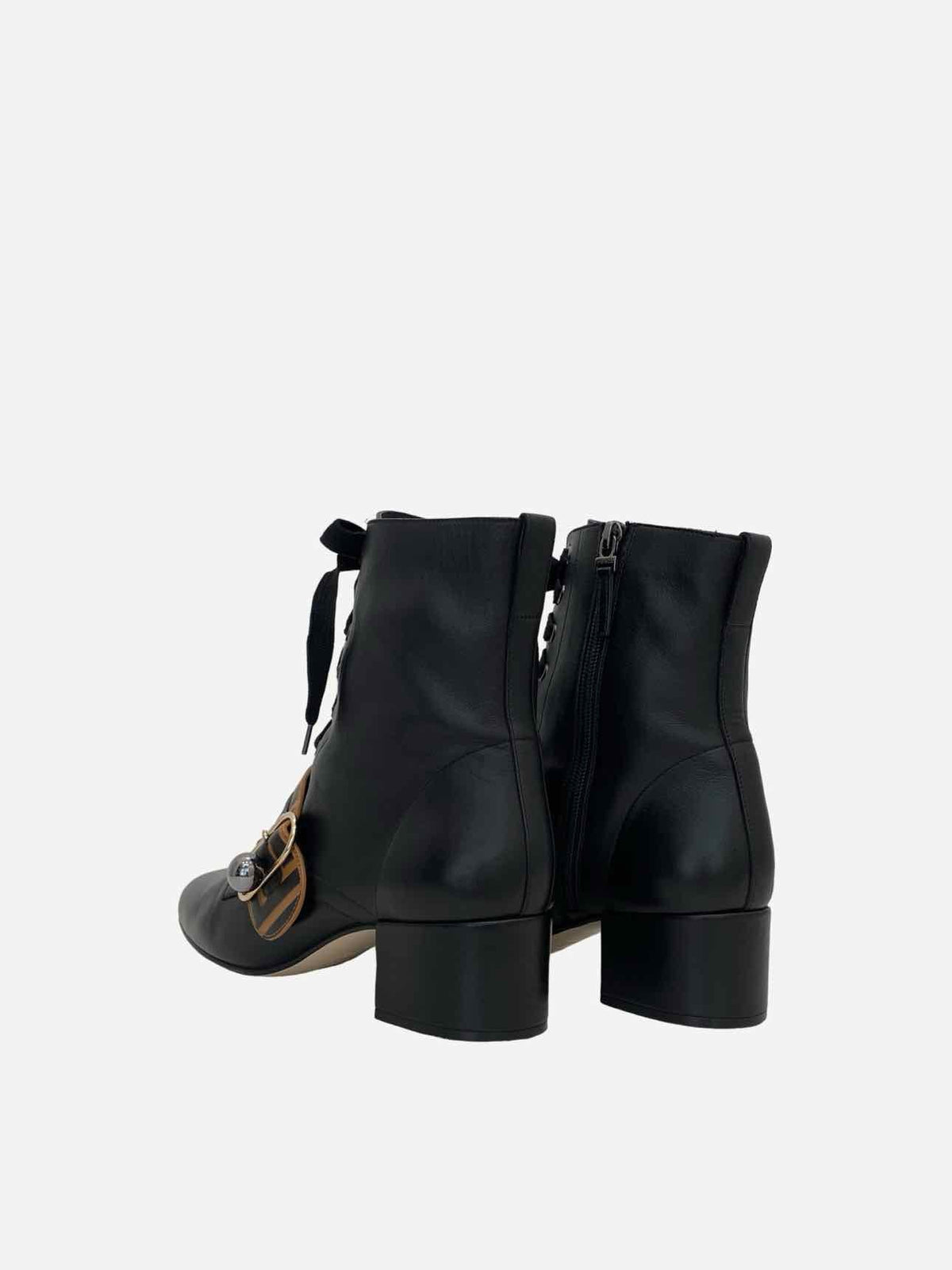 FENDI Lace Up Black FF Motif Size EU 39 Ankle Boots Rovelle Bags