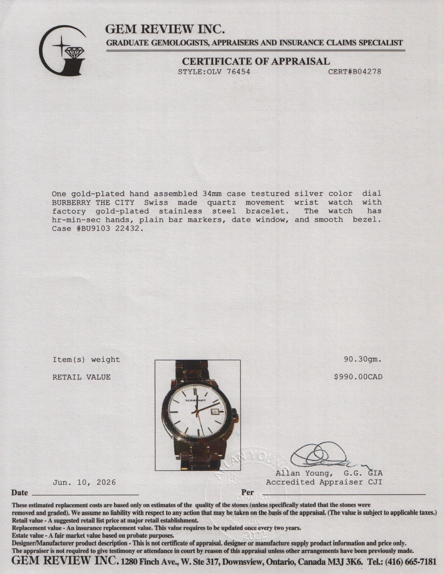 Burberry Gold-Plated Stainless Steel BU9103 34 MM The City Quartz Watch Silver Dial
