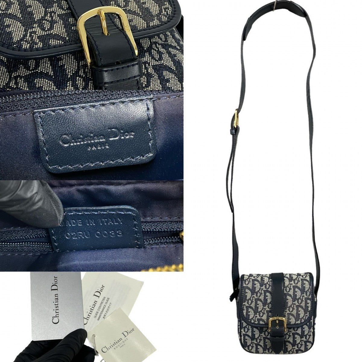Dior Shoulder Bag Leather, Canvas Navy Trotter Pattern Women Rovelle Bags