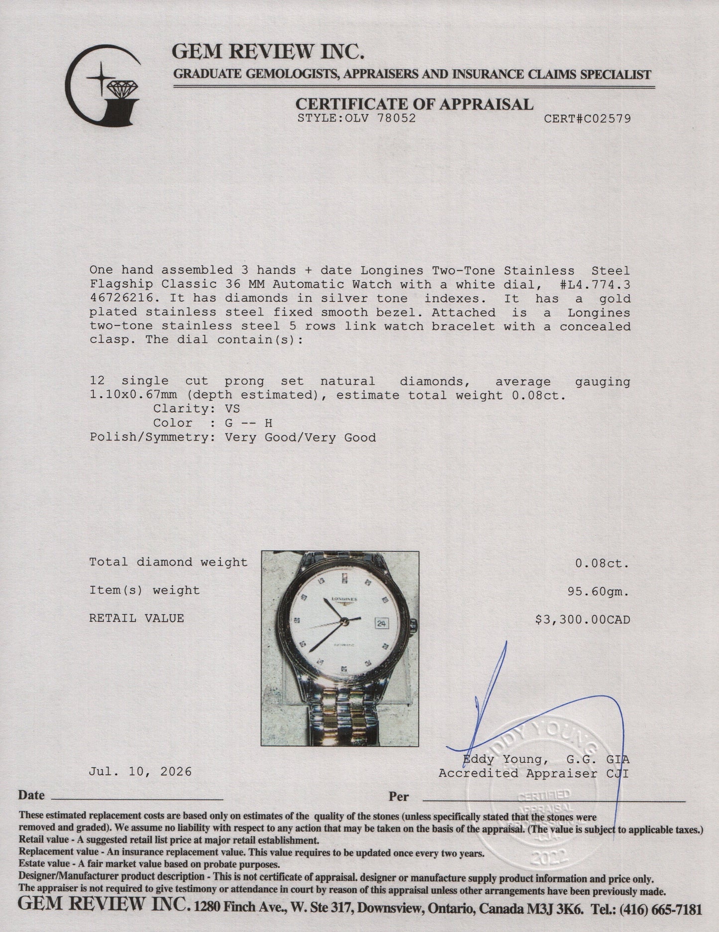Longines 2022 Two-Tone Stainless Steel Flagship Classic 36 MM Automatic Watch White Diamond Dial w/ Box & Papers