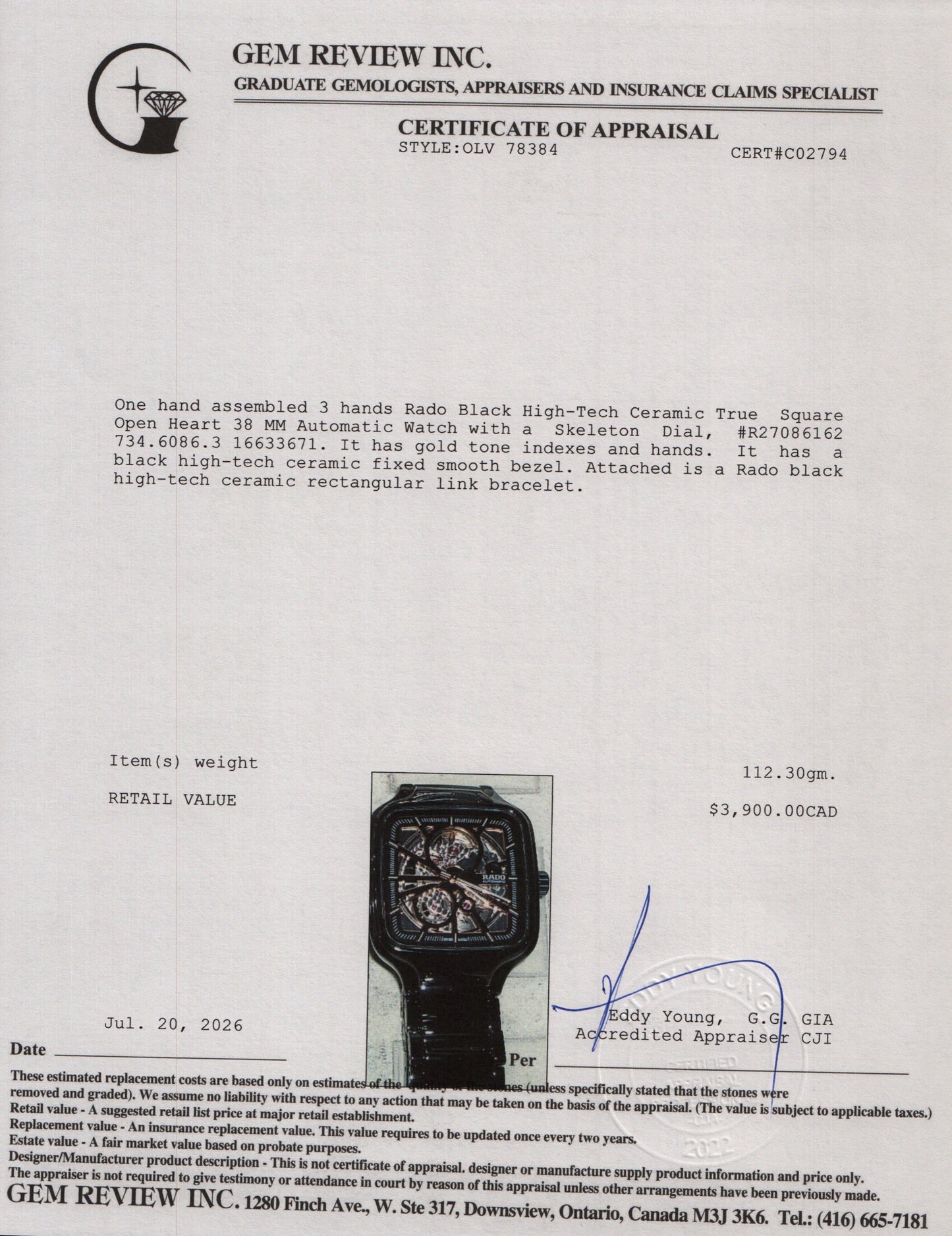 Rado Black High-Tech Ceramic True Square Open Heart 38 MM Automatic Watch Skeleton Dial R27086162