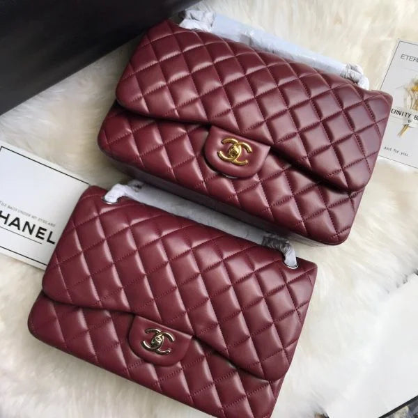 Chanel Classic Double Flap 30 Shoulder Bag Maroon Golden Hardware