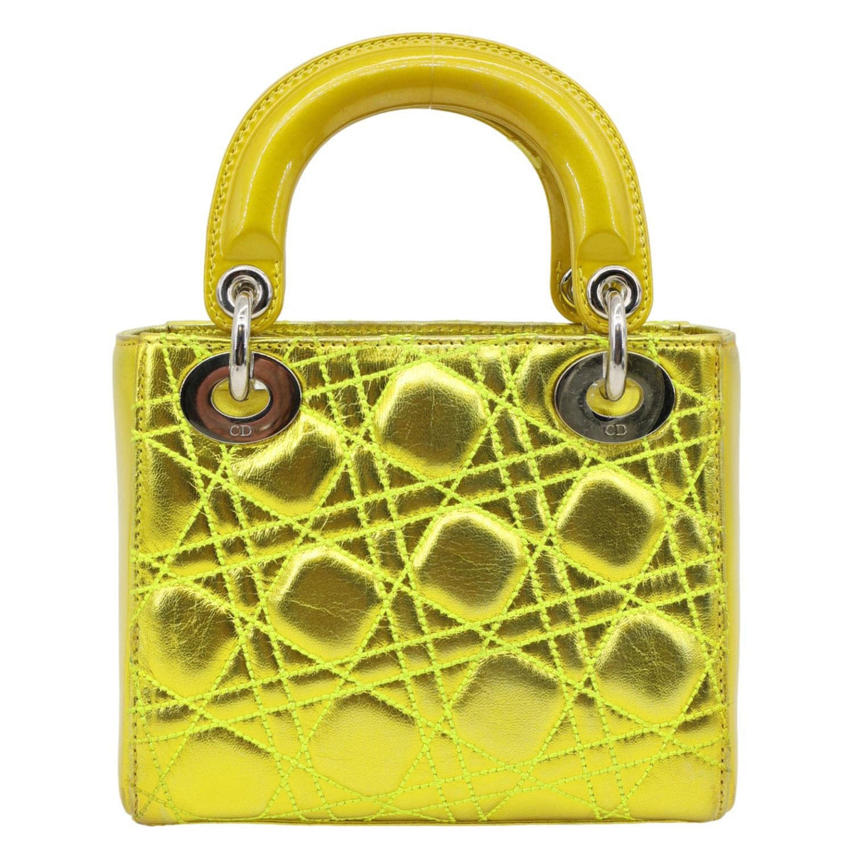 Christian Dior Lady Dior Mini Metallic Leather Shoulder Bag Neon Yellow Rovelle Bags