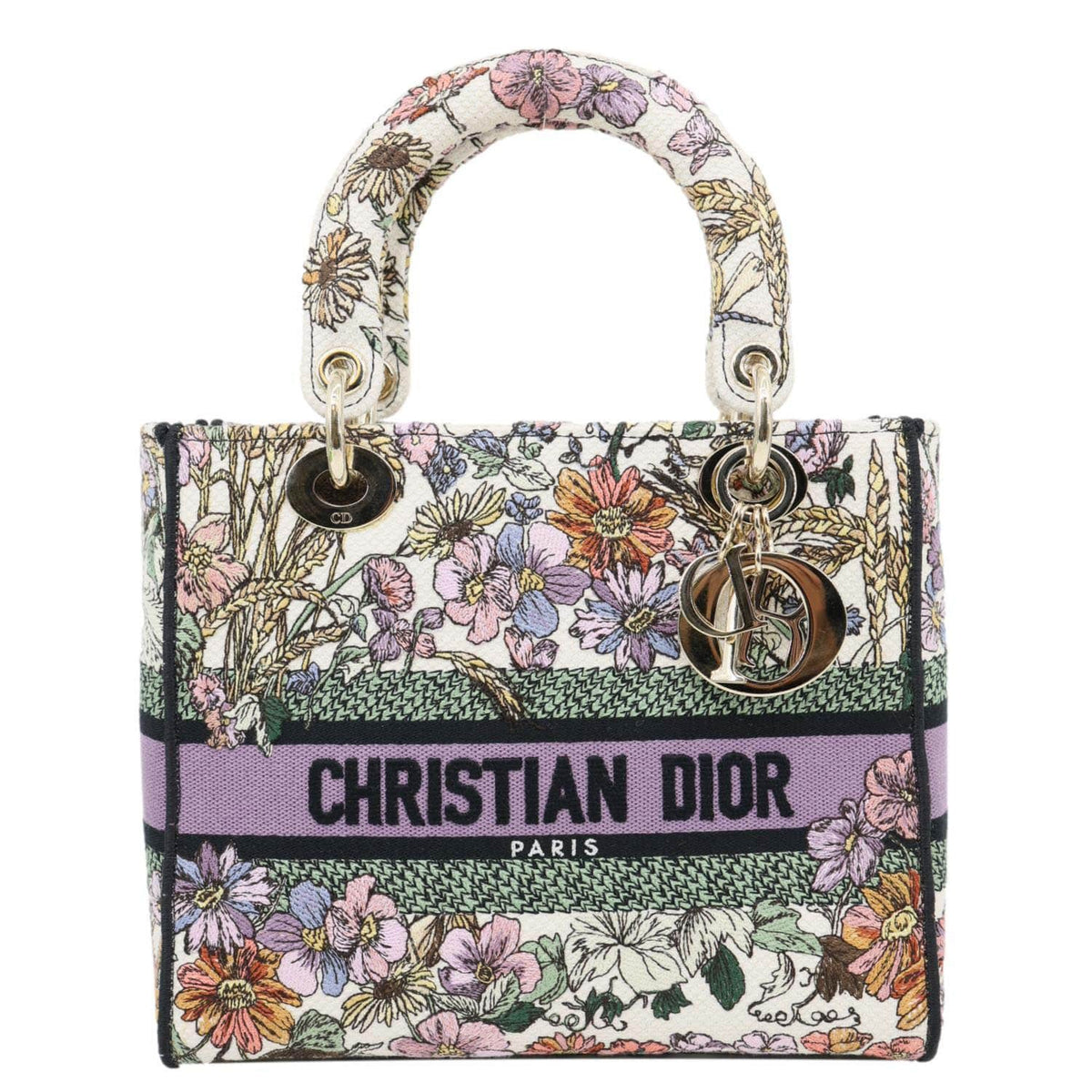 CHRISTIAN DIOR Lady D-Lite Medium Floral Embroidered Canvas Shoulder Bag Multicolor Rovelle Bags