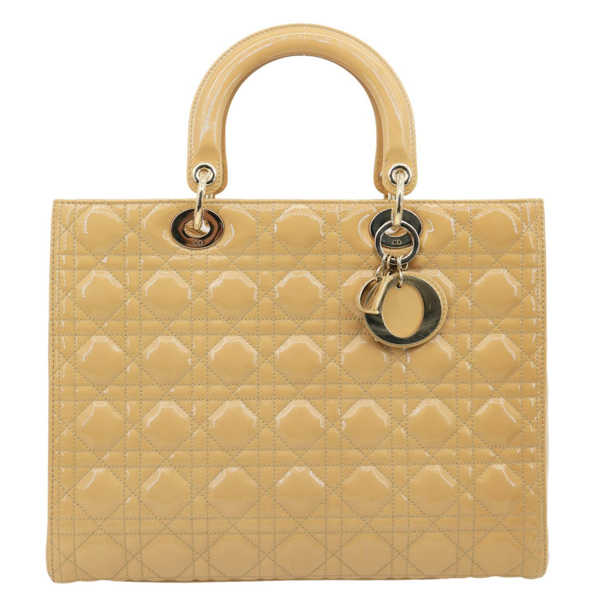 CHRISTIAN DIOR Lady Dior Large Quilted Patent Leather Shoulder Bag Camel Rovelle Bags