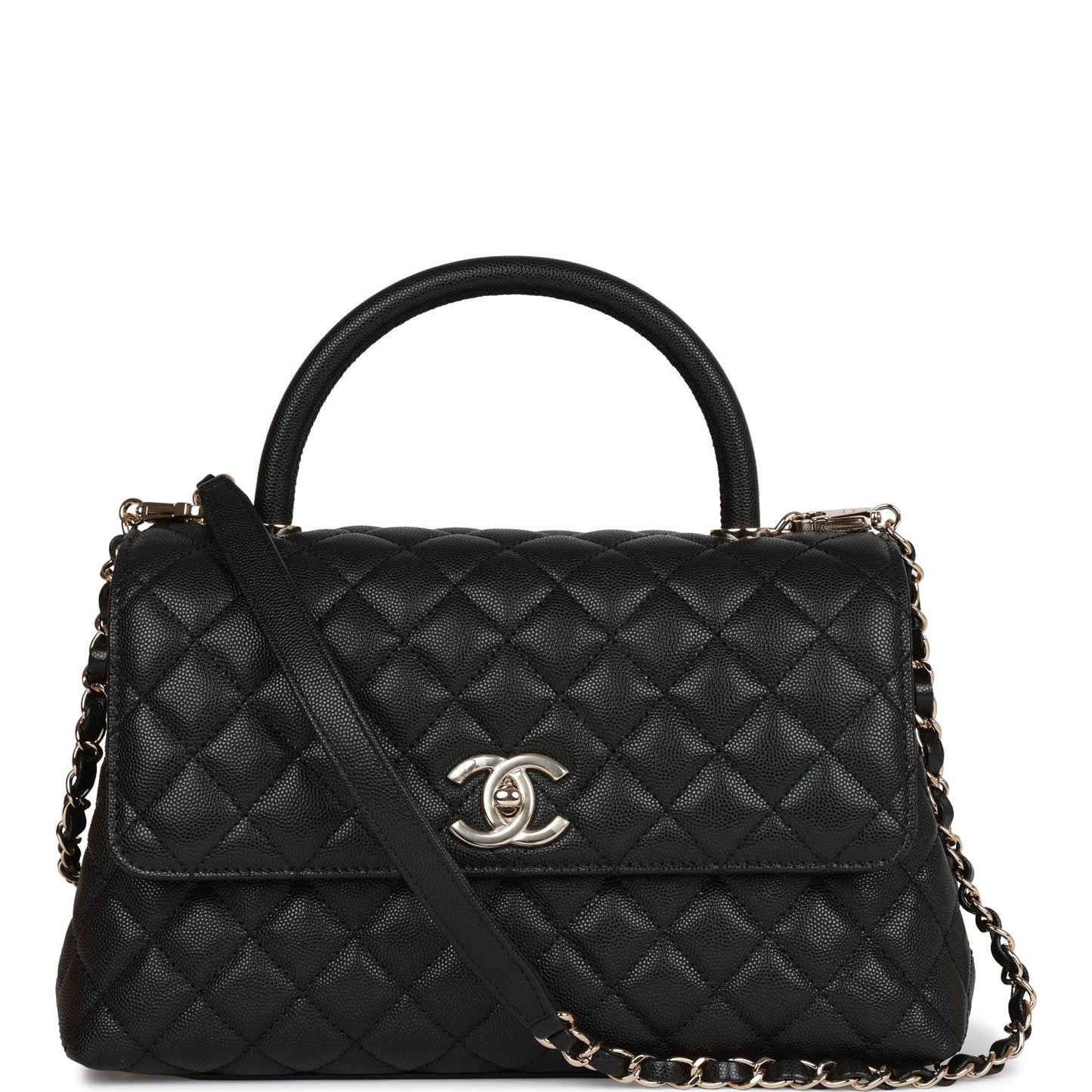 Chanel Small Coco Handle Flap Bag Black Caviar Light Gold Hardware Rovelle Bags