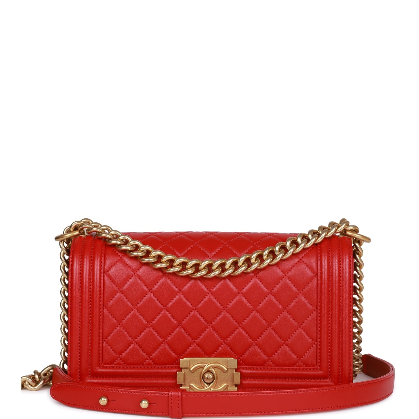Chanel Medium Boy Bag Red Lambskin Antique Gold Hardware Rovelle Bags