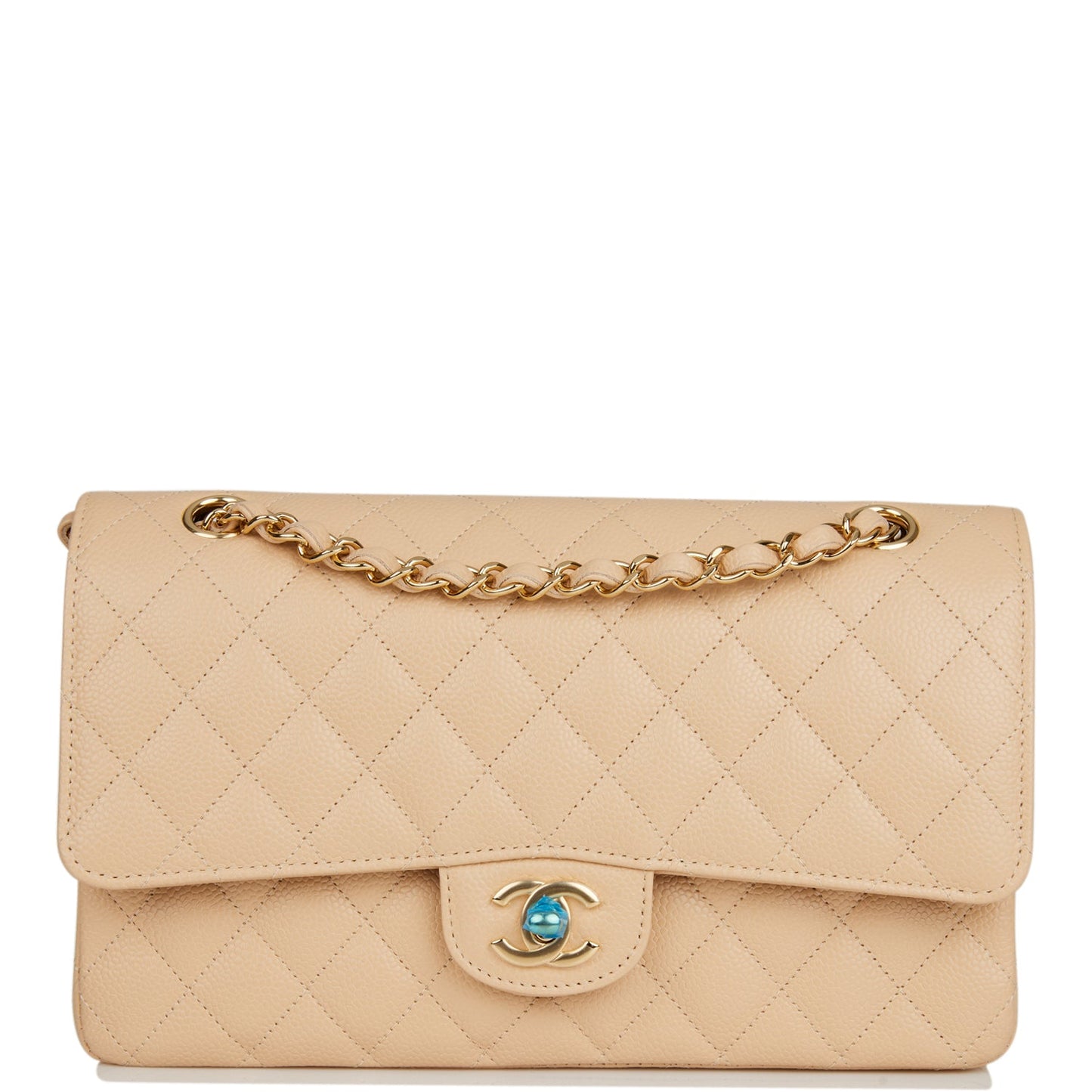 Chanel Medium Classic Double Flap Bag Beige Quilted Caviar Gold Hardware Rovelle Bags