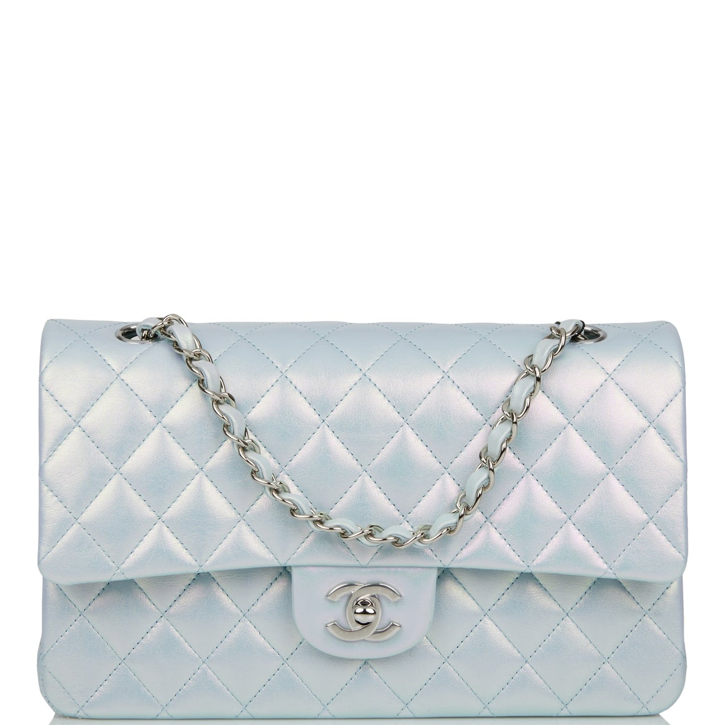 Chanel Medium Classic Double Flap Bag Blue Iridescent Lambskin Silver Hardware Rovelle Bags
