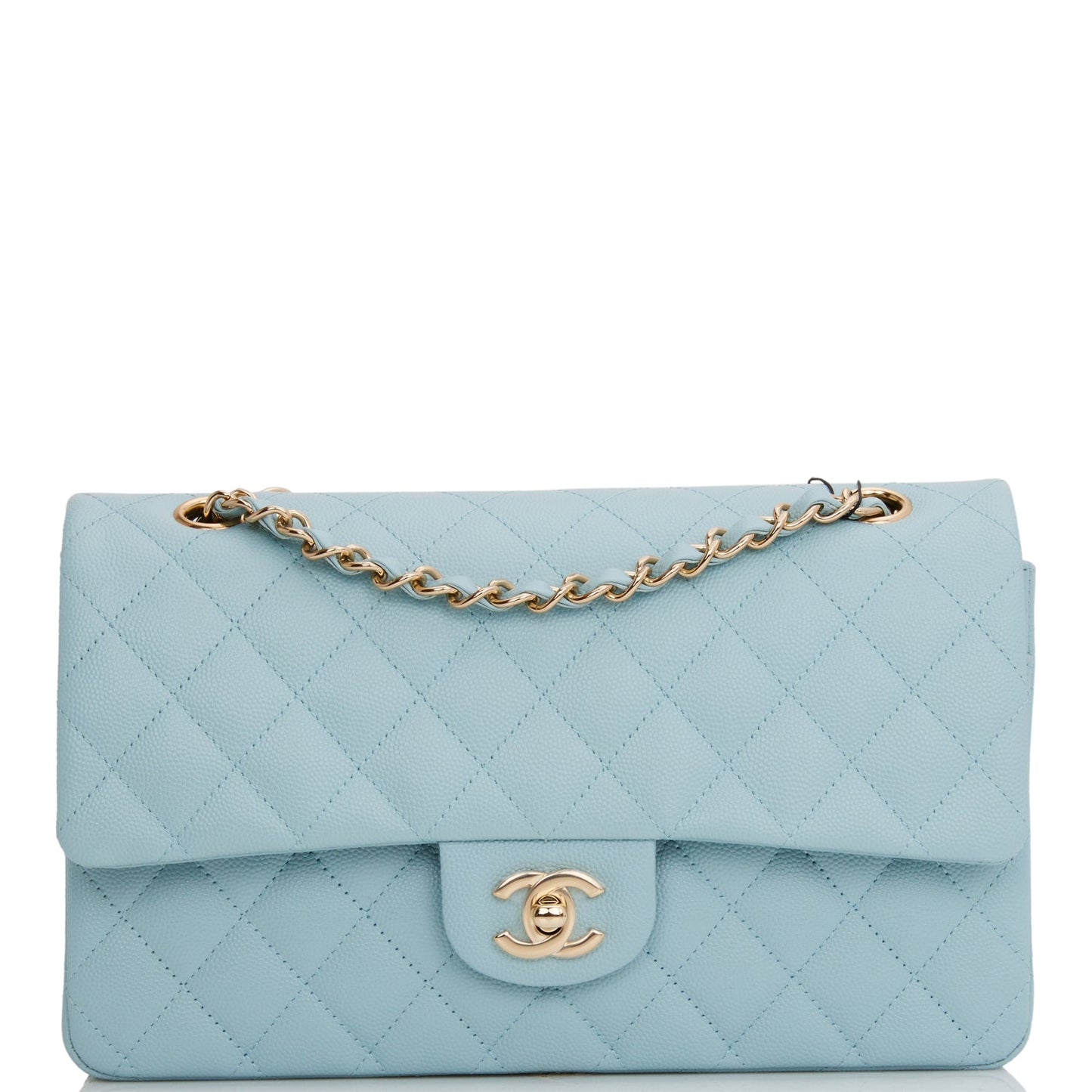 Chanel Medium Classic Double Flap Bag Blue Quilted Caviar Light Gold Hardware Rovelle Bags