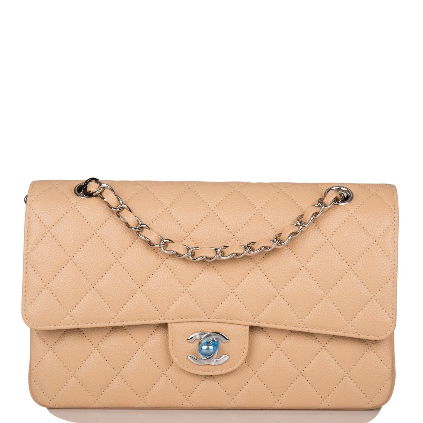 Chanel Medium Classic Double Flap Bag Beige Quilted Caviar Silver Hardware Rovelle Bags