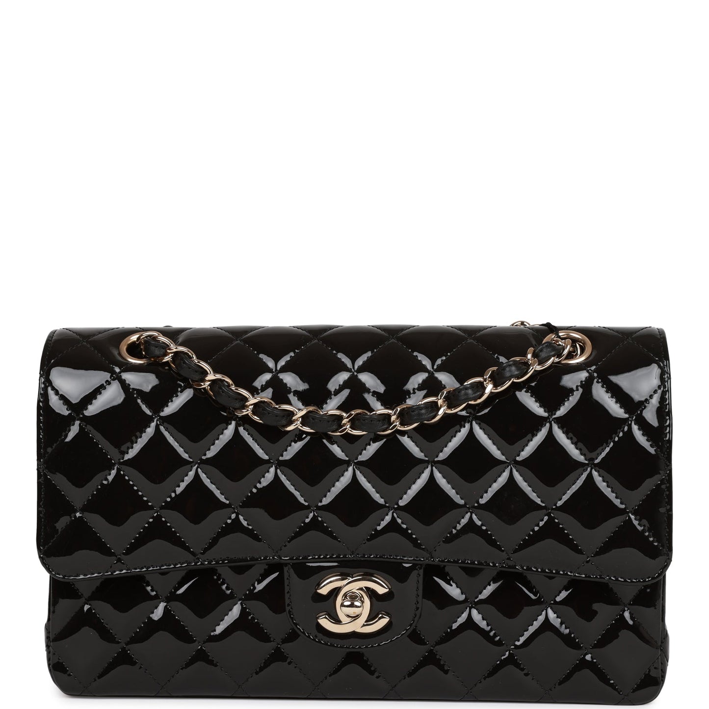 Chanel Medium Classic Double Flap Bag Black Patent Light Gold Hardware Rovelle Bags
