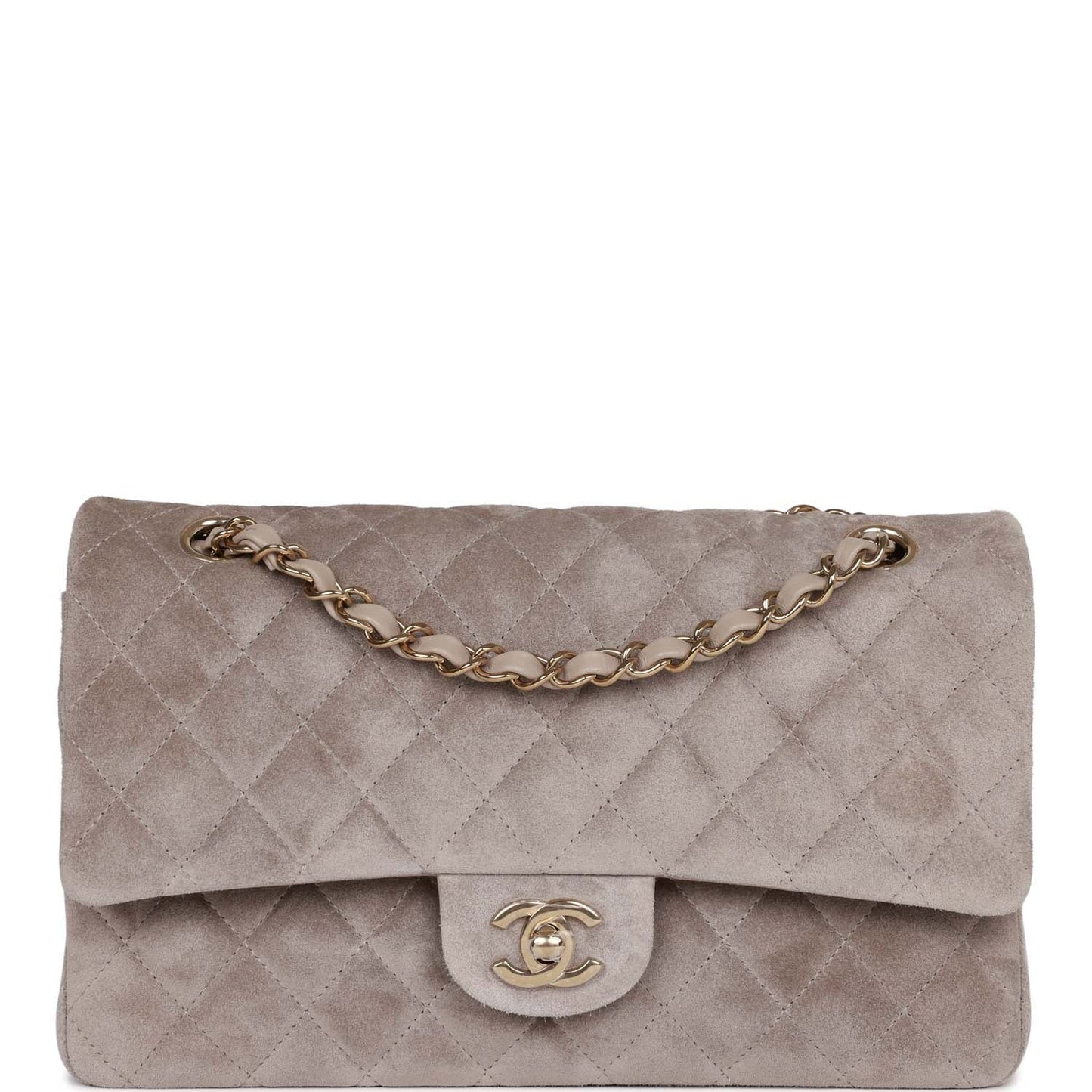 Chanel Medium Classic Double Flap Bag Grey Suede Light Gold Hardware Rovelle Bags