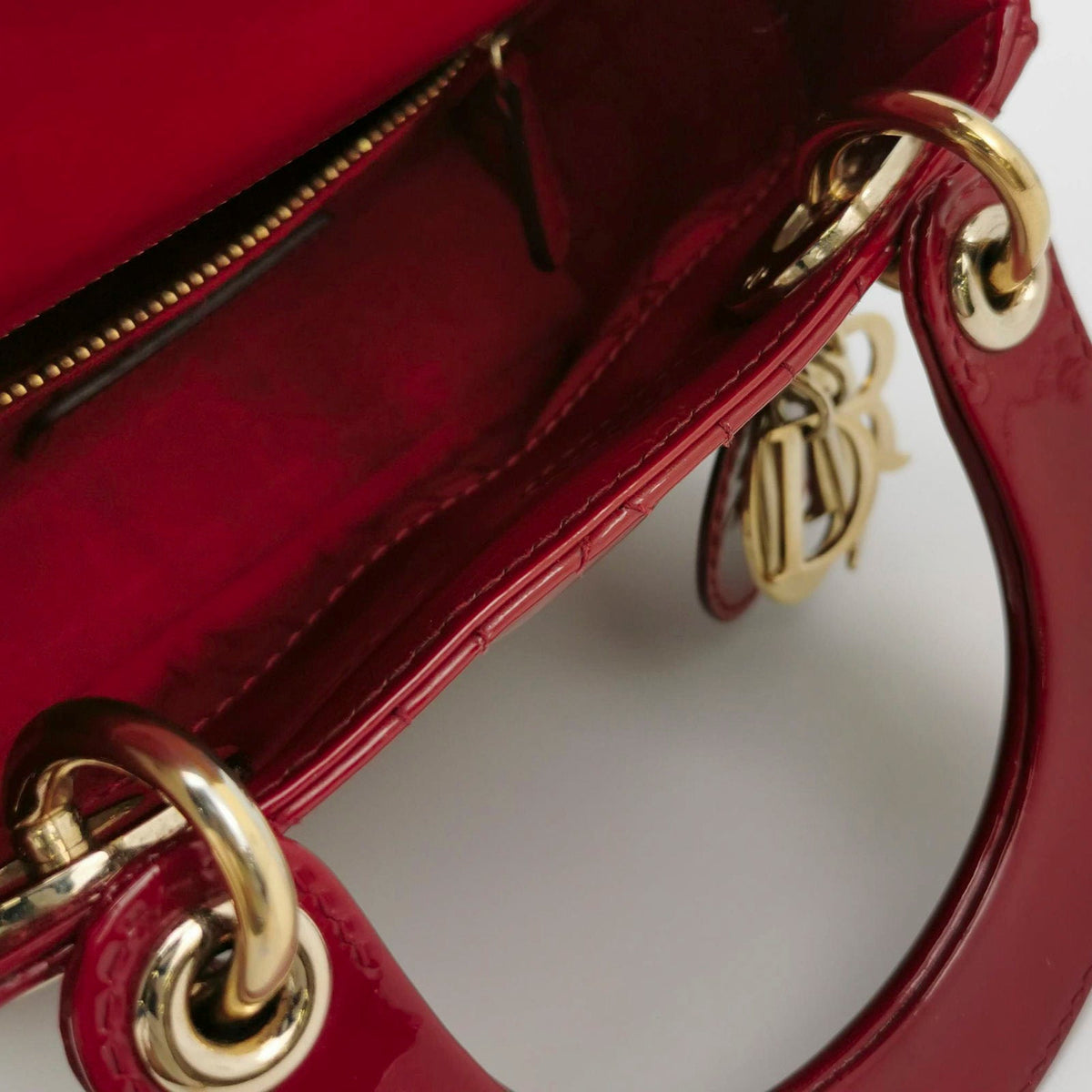Lady Dior Mini Handbag Red Patent Leather Gold-tone Leather and Chain Strap Rovelle Bags
