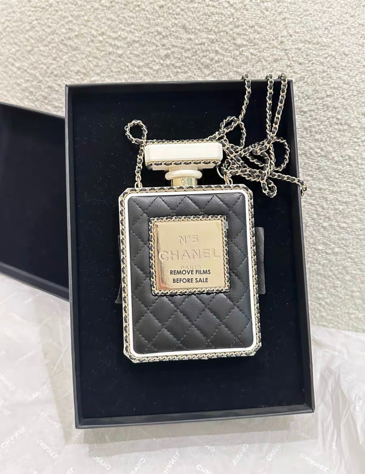 Chanel Black Quilted Leather And White Perspex Perfume Bottle Minaudiere Gold Hardware Rovelle Bags