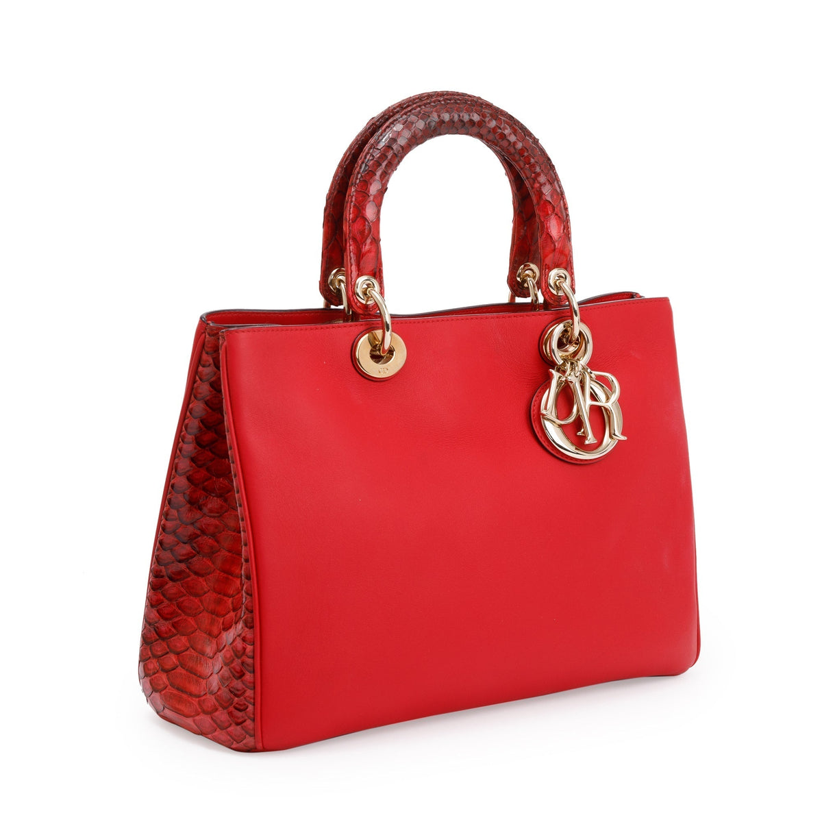Christian Dior Medium Red Python Trimmed Calfskin Leather Diorissimo Tote Rovelle Bags