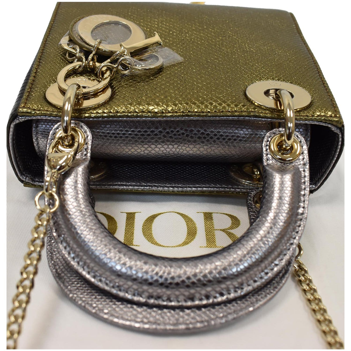 CHRISTIAN DIOR Mini Lady Dior Lizard Print Chain Shoulder Bag Metallic Gold Rovelle Bags