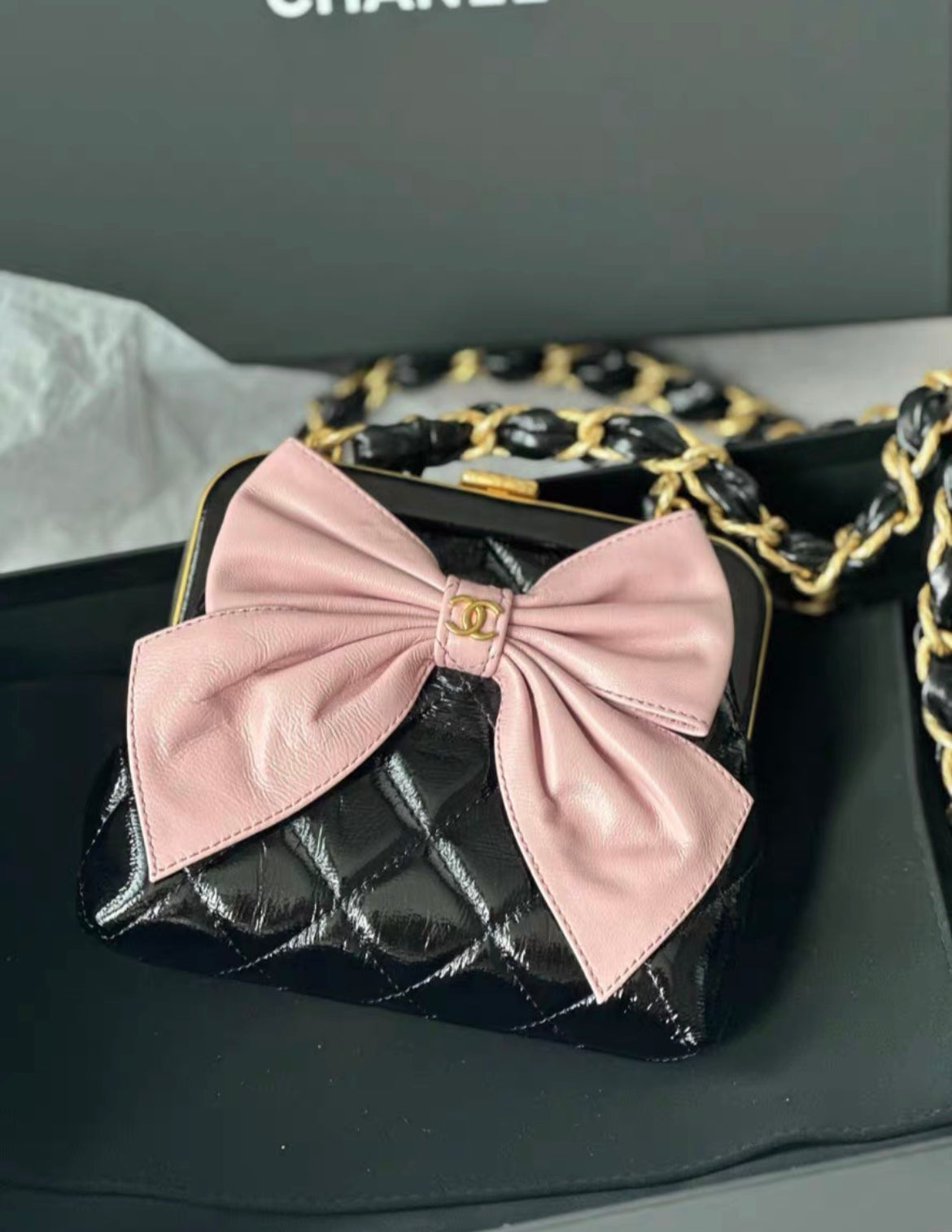 Chanel Mini Clutch With Bow Crossbody Bag Black Shiny Lambskin And Pink Patent Crumpled Lambskin Antique Gold Hardware Rovelle Bags