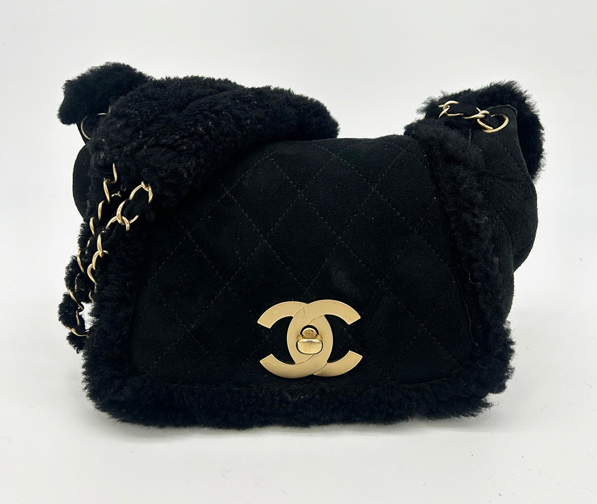 Chanel Black Suede Shearling Small Accordion Flap Bag Rovelle Bags