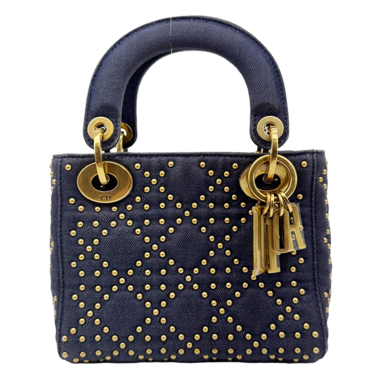 CHRISTIAN DIOR Lady Dior Mini Studded Supple Cannage Denim Crossbody Bag Navy Blue Rovelle Bags