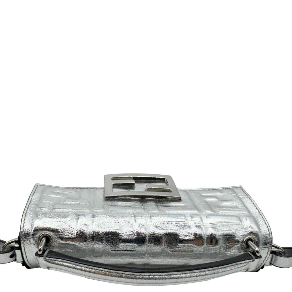 FENDI Baguette Zucca Embossed Leather Crossbody Bag Metallic Silver Rovelle Bags