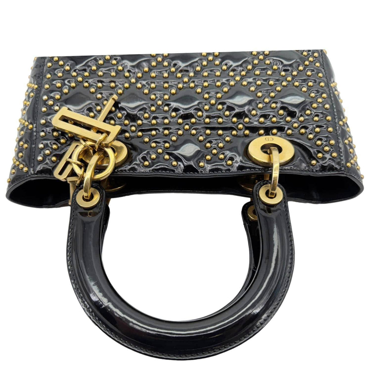 CHRISTIAN DIOR Lady Dior Medium Studded Cannage Patent Leather Crossbody Bag Black Rovelle Bags