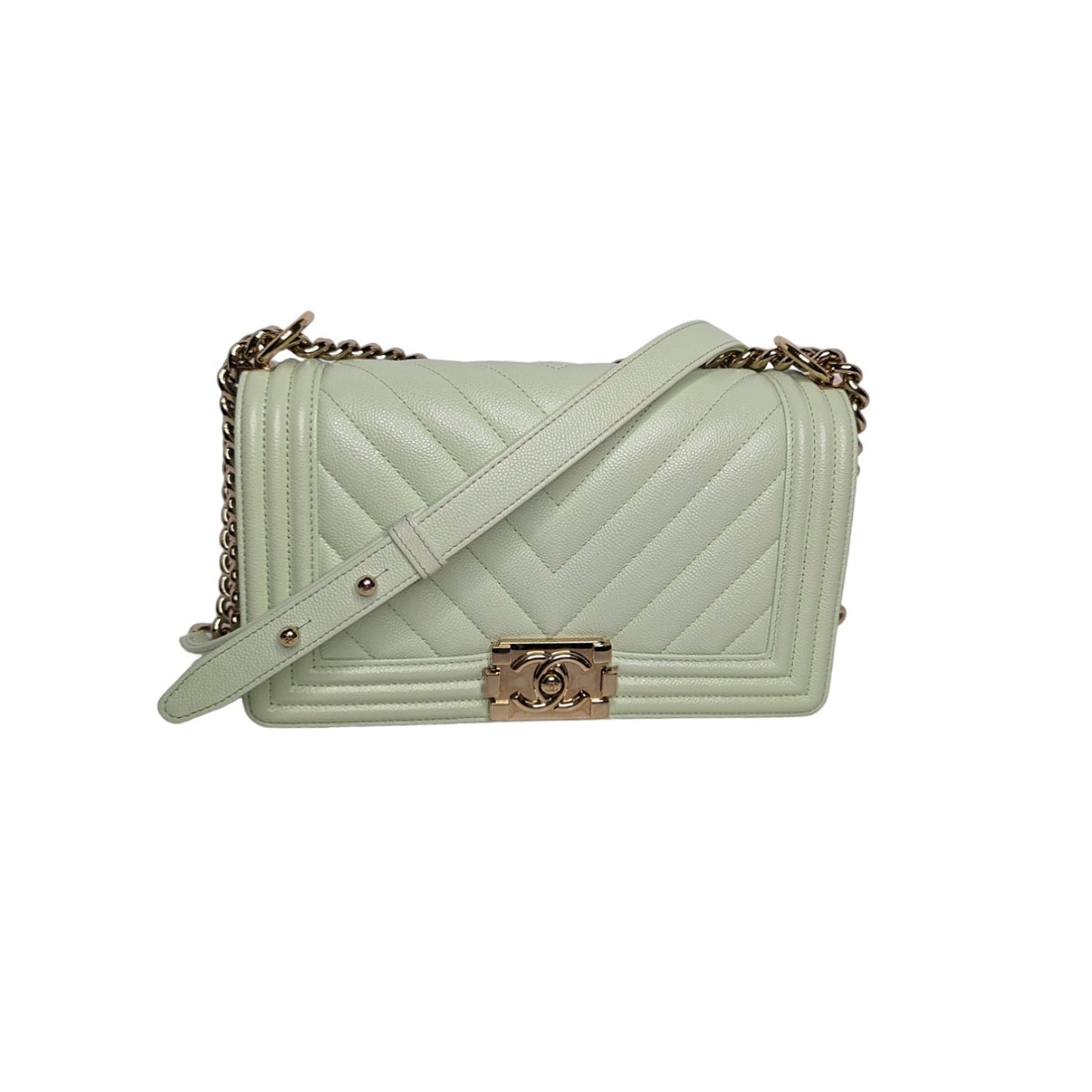 Chanel bag Caviar Chevron Quilted Medium Boy Flap Light Green Rovelle Bags