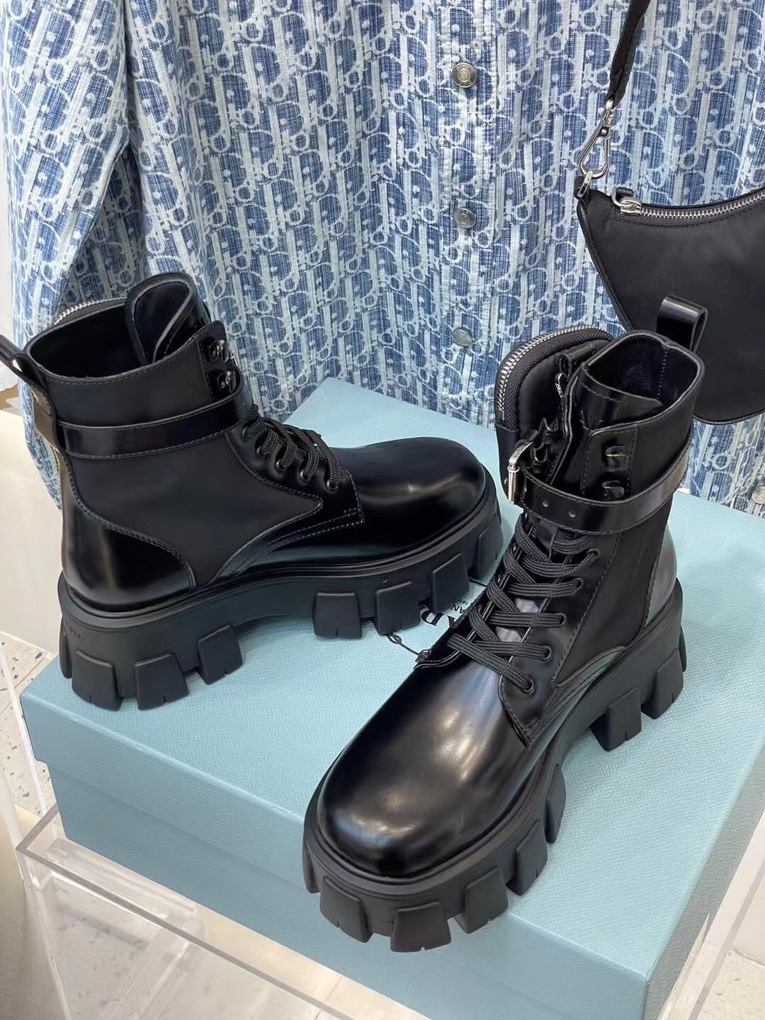 Prada Monolith brushed Rois Leather And Nylon Boots