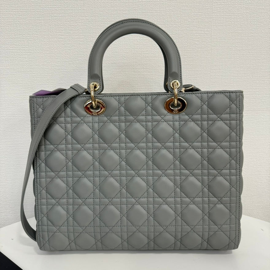 A Rank Dior Lambskin Lady Dior 2Way Bag Large Gray Fm0081 Rovelle Bags