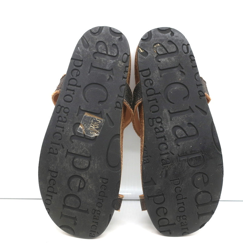 Pedro Garcia Crystal T-Strap Sandals Dark Brown Leather Size 37 Toe Ring Slides