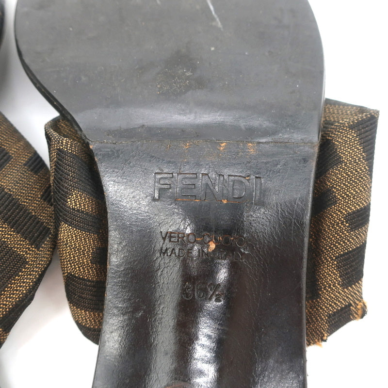 Fendi Zucca Thong Sandals Brown with Black Leather Size 36.5 Kitten Heel Slides