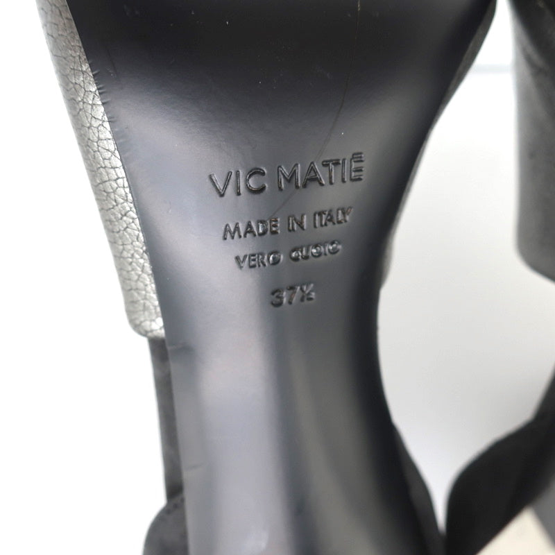 Vic Matie Metal Heel Pumps Black Nubuck & Silver Metallic Leather Size 37.5