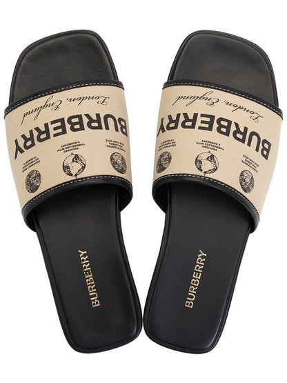 Luxury Burberry Label Print Gabardine Leather Slippers Beige