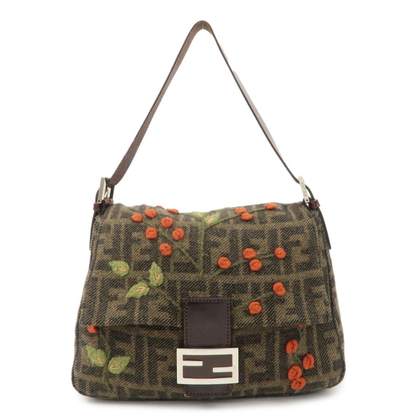 FENDI Mamma Baguette Wool Leather Shoulder Bag Tree Motif Khaki Rovelle Bags