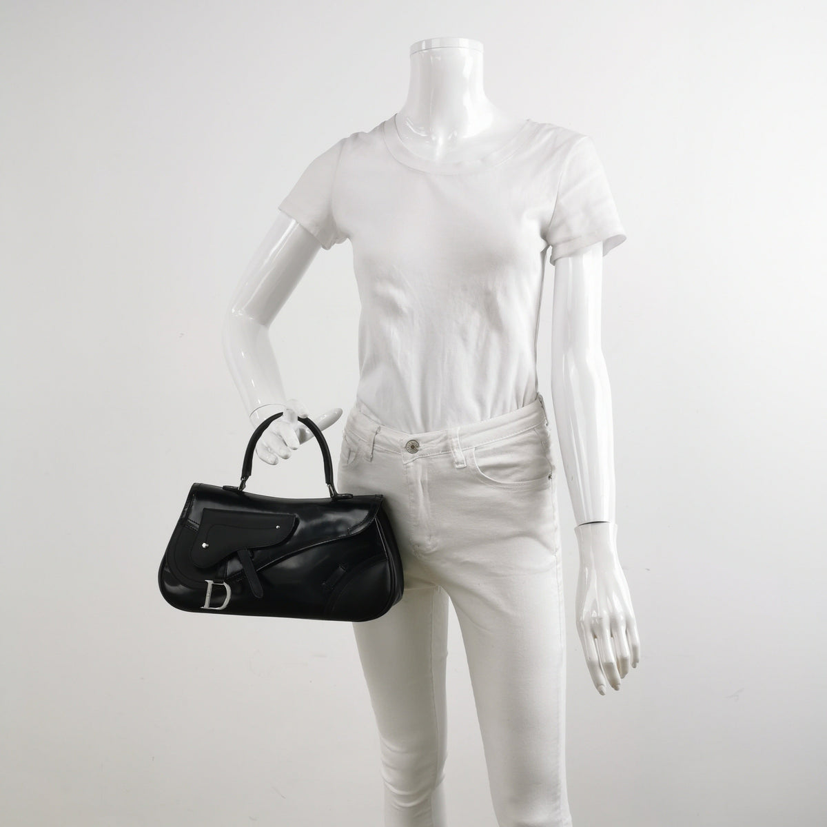 Dior Top Handle Saddle Bag Black Smooth Shiny Calfskin Leather Rovelle Bags