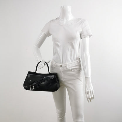 Dior Top Handle Saddle Bag Black Smooth Shiny Calfskin Leather Rovelle Bags