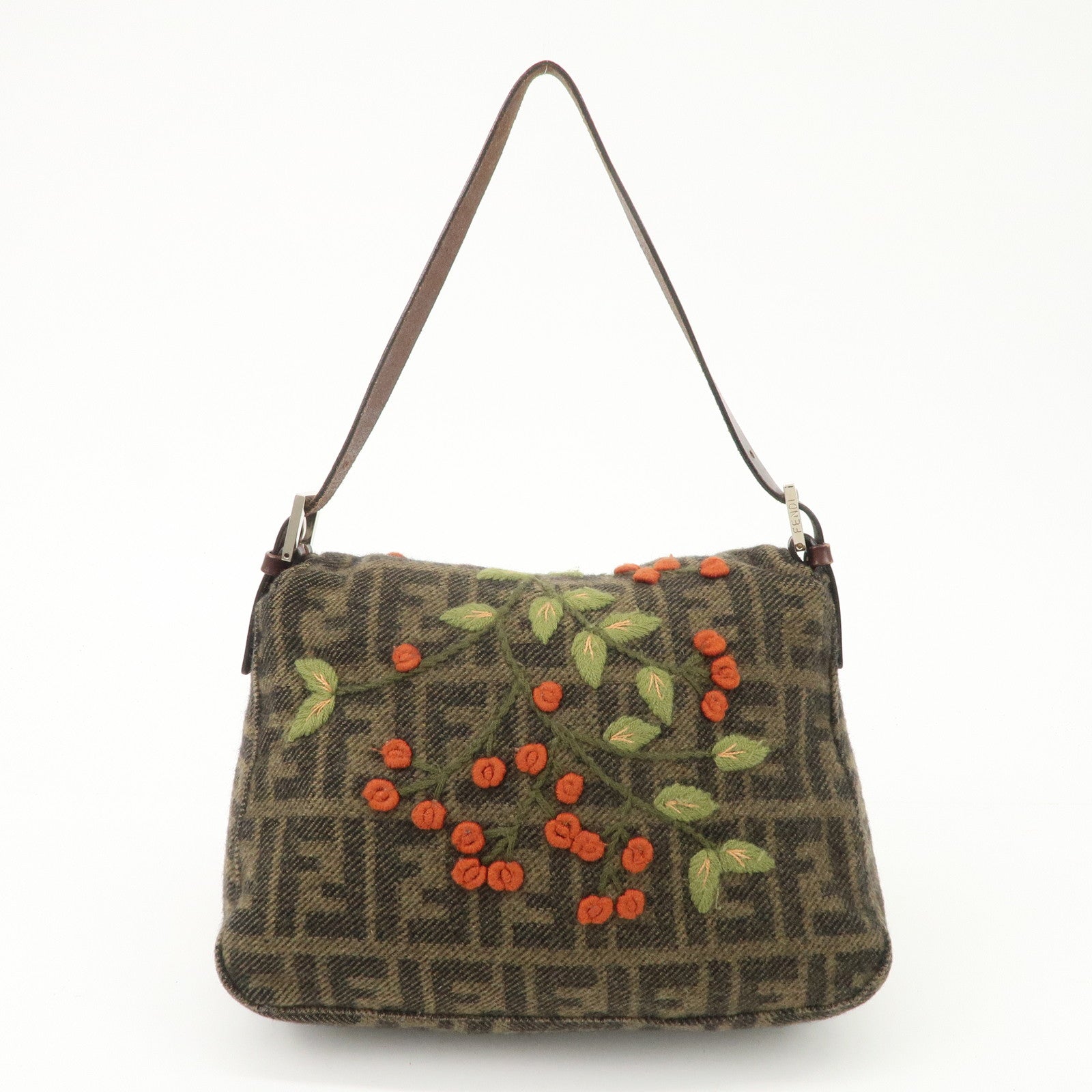 FENDI Mamma Baguette Wool Leather Shoulder Bag Tree Motif Khaki Rovelle Bags