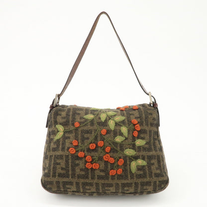 FENDI Mamma Baguette Wool Leather Shoulder Bag Tree Motif Khaki Rovelle Bags