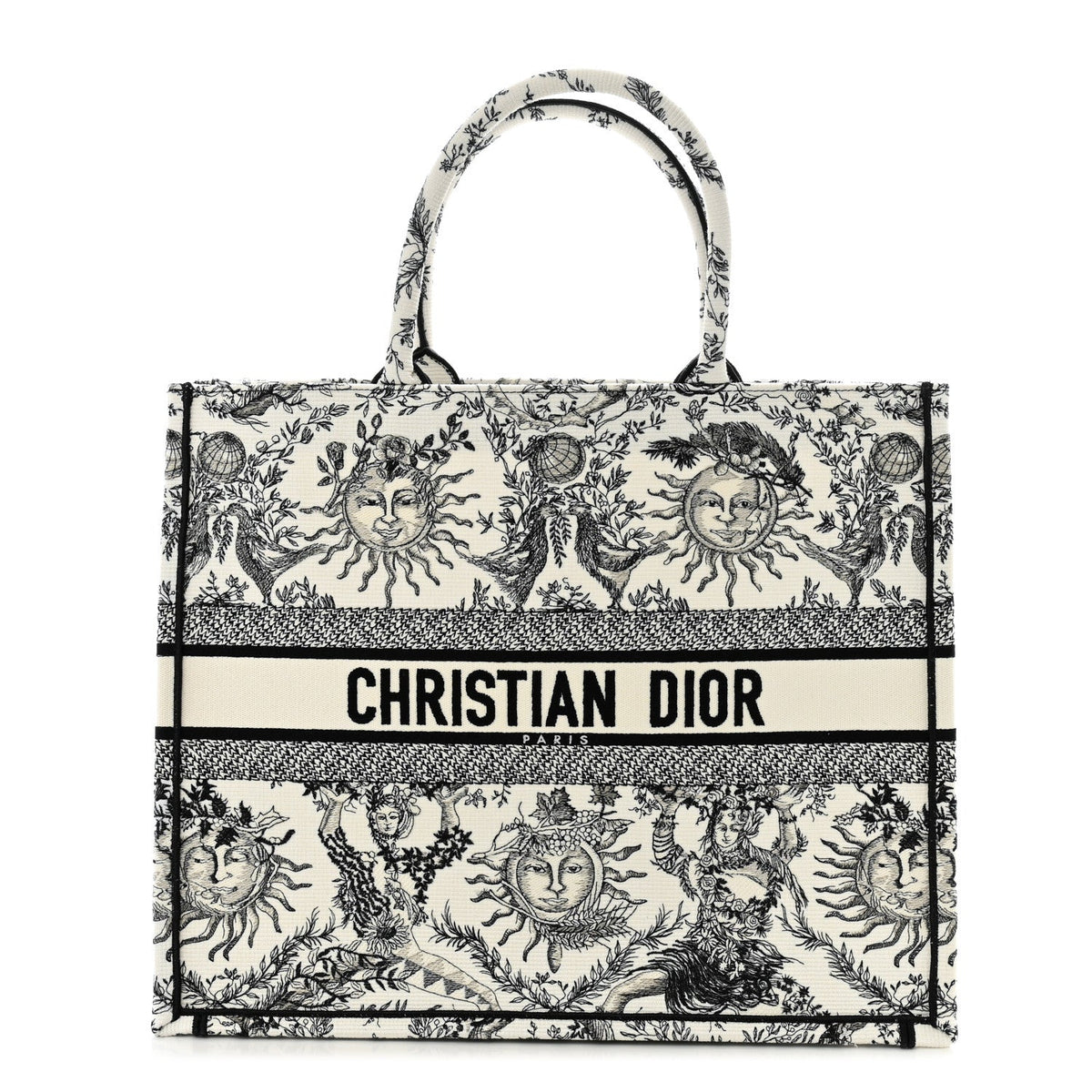 Christian Dior Canvas Embroidered Large Toile De Jouy Soleil Book Tote Black White Rovelle Bags